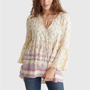 RAGA Anthropologie Ivory Border Print Boho Cream Peasant Top Bell Sleeve L